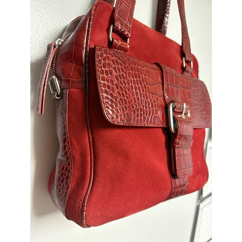Levenger‎ Suede Leather Shoulder Bag Tote Buckle Red Square Croc Top Zip Purse